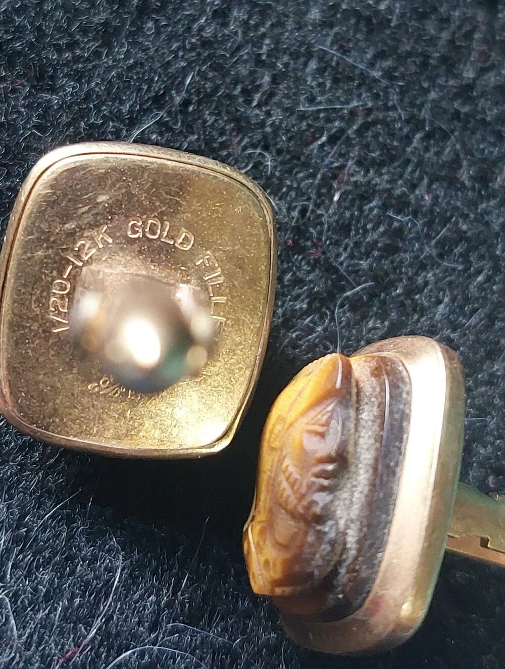Vintage 3-Pc Mid-Century Tiger Eye Cameo Roman Soldier Cufflinks 12K Gold Filled